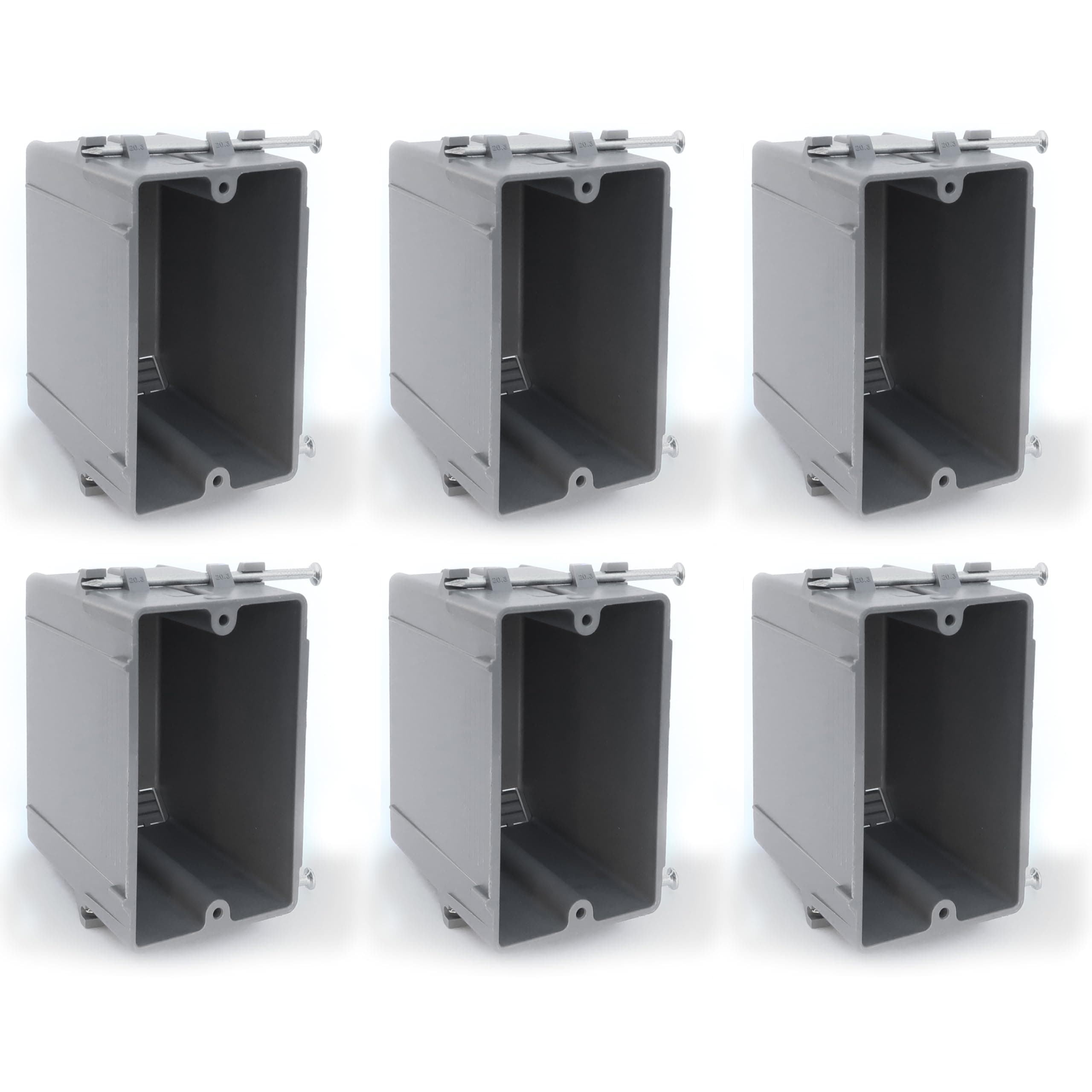 (Pack of 6) Plastic Electrical Box, Grey Outlet Box, Single Gang New Work Junction Box, Captive Nails, 20 cu. Inches, Length 3-5/8'', Width 2-1/8'', Depth 3-1/4''