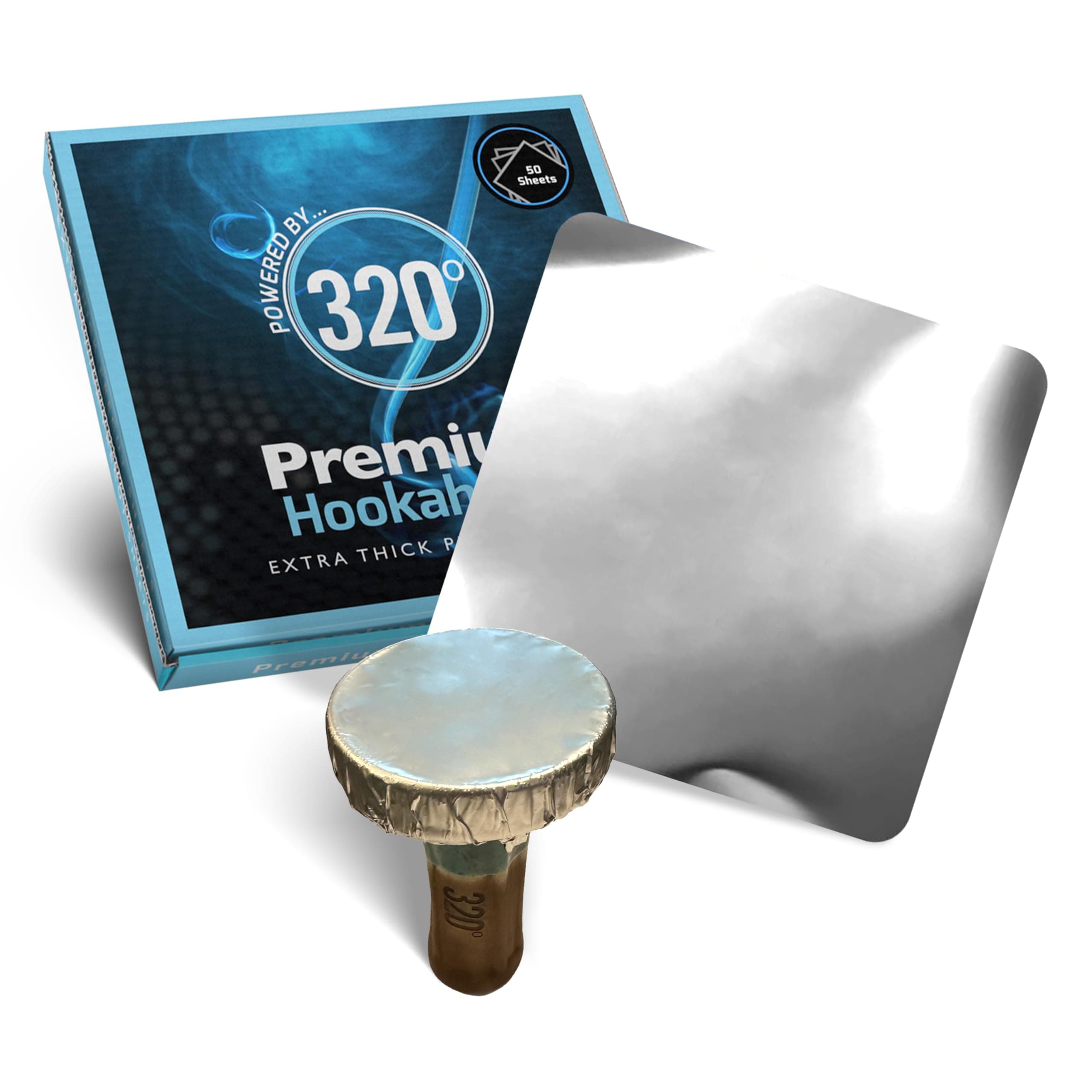 320° Premium Hookah Aluminum Foil - 50 Extra Thick Precut Sheets - 40 Micron - 150x150mm (6-inch) Square - No Holes, Nicotine Free, Ideal for Shisha and Hookah Bowls