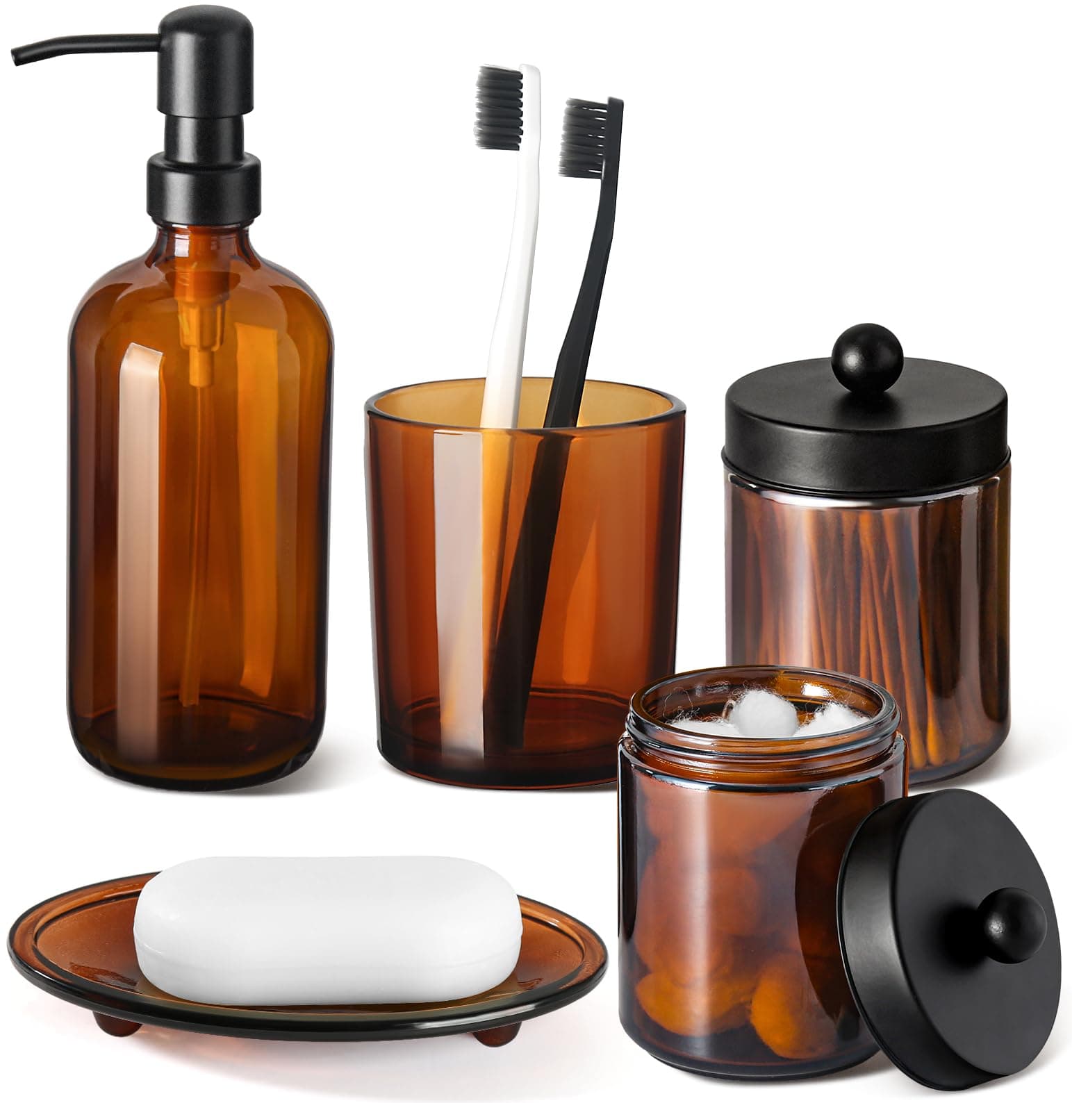 Bathroom Accessories Set, 5 Pack Amber Glass Bath Accessory Sets Complete, Brown Soap Dispenser and Toothbrush Holder Bathroom Counter Sink Set with Labels, Rustic Modern Vintage Bathroom Decor