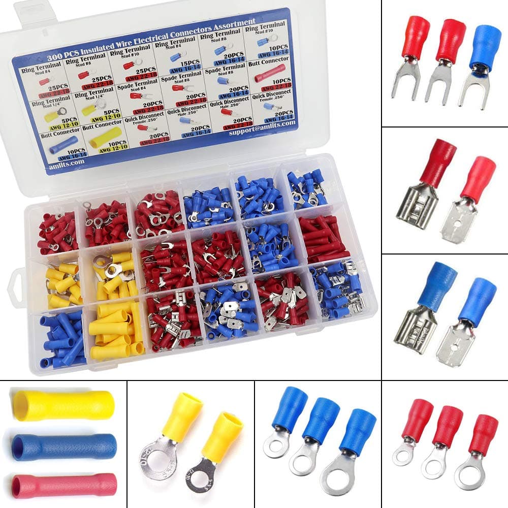 300 PCS Insulated Wire Electrical Connectors - Butt, Ring, Spade, Quick Disconnect - Crimp Terminals Connectors Assortment Kit