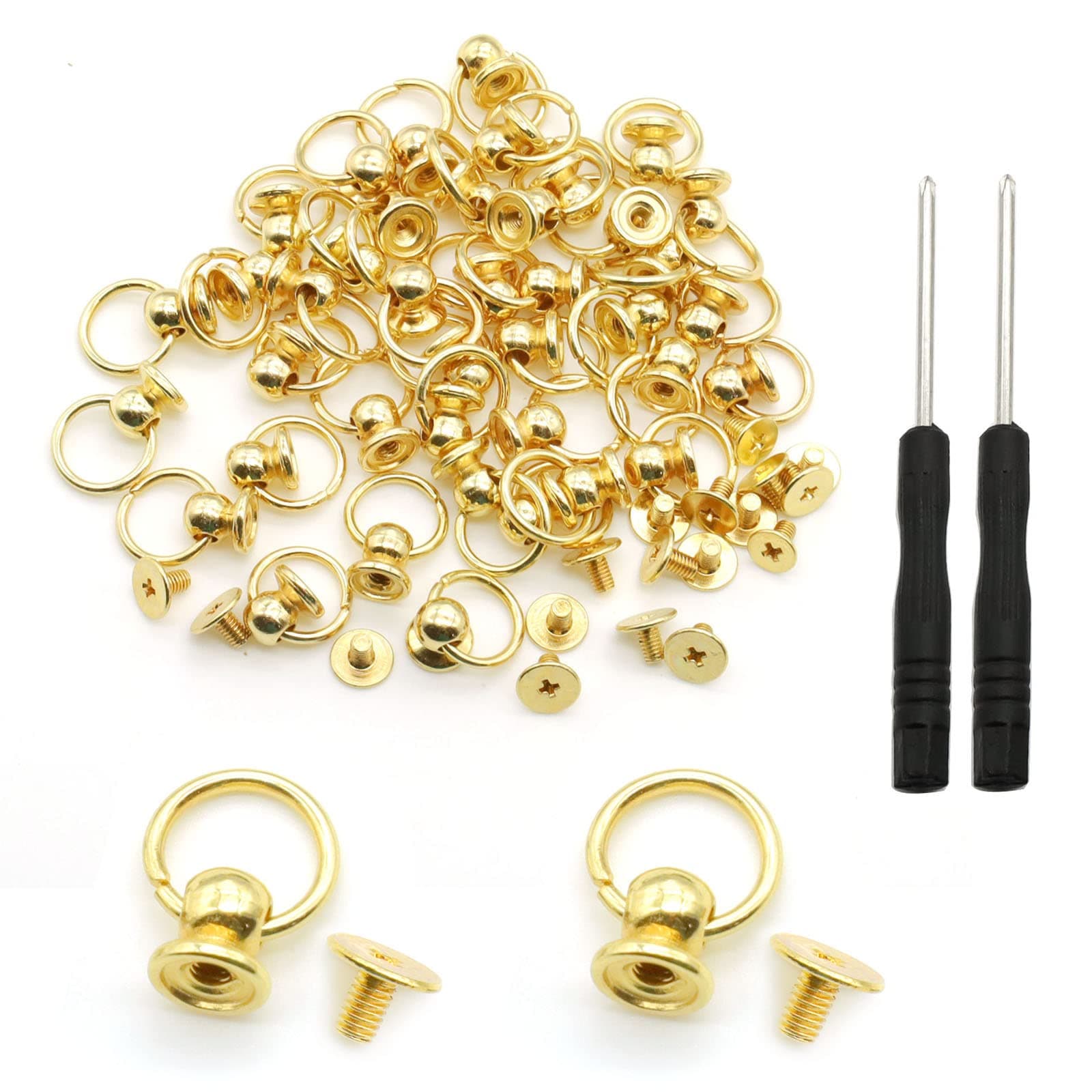 120 Pcs Screwback Round Head Rivet with Pull Ring Studs DIY Leather Craft Rivets Studs, for Purse Wallet Phone Case Handbag Decoration Bag with Mini Screwdriver (Gold)