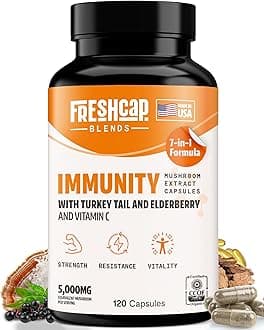 FreshCap 7-in-1 Immune Support Supplement - 5000mg Turkey Tail Mushroom Capsules - Immune Boosters for Adults, Immunity Boost Supplement, Elderberry Vitamin C and Zinc, Ayurveda (120 Capsules)