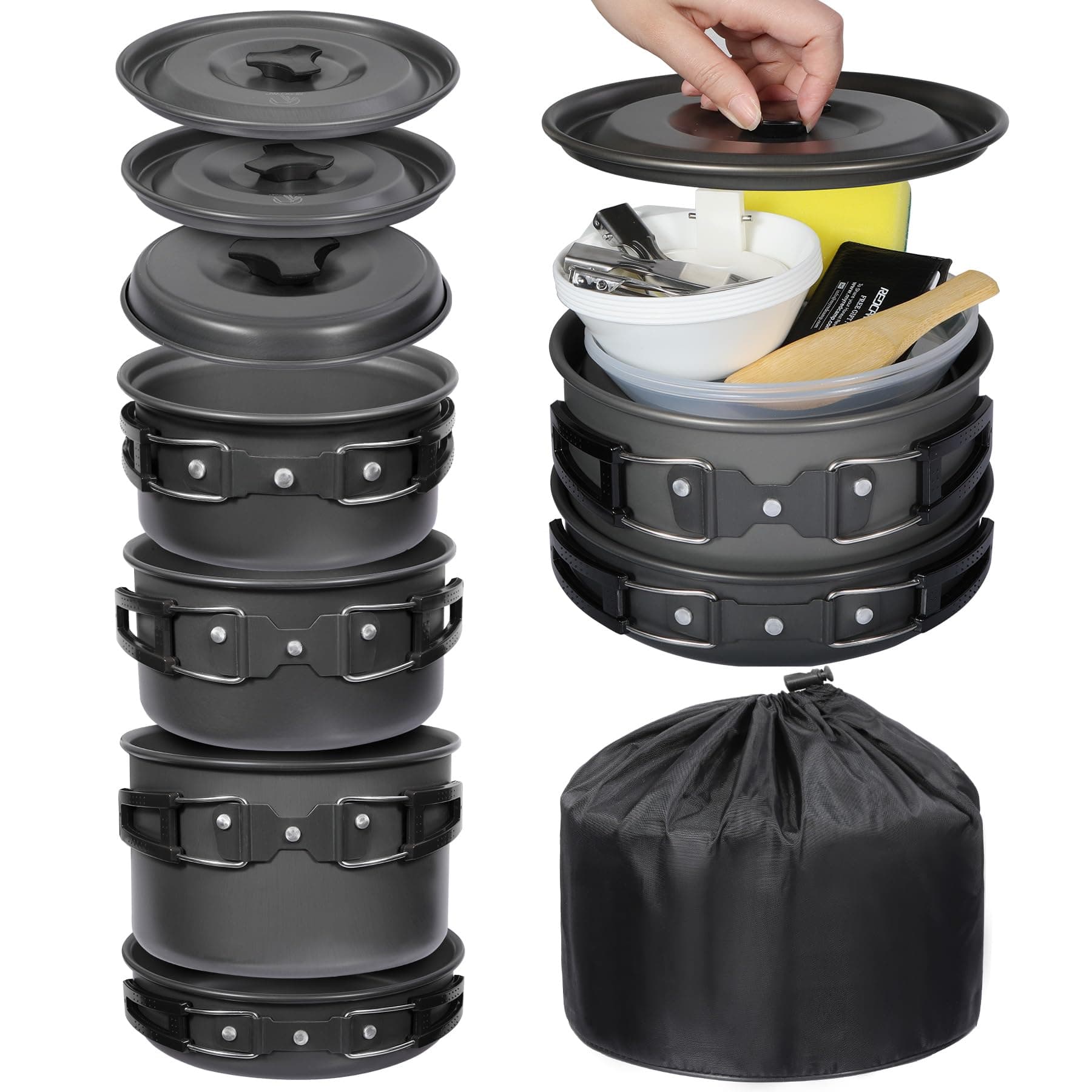 12/14/19 PCS Camping Cookware Mess Kit Camping Gear Campfire Utensils Lightweight Stackable Pot Pan Bowls Soup Spoon with Storage Bag for Camping, Backpacking, Outdoor Cooking, Picnic