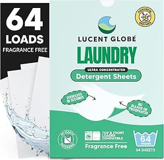 Lucent Globe Laundry Detergent Sheets. Pre-Measured Laundry Sheets. Powerful Stain Removal. Works in All Clothes Washers. (1 Pack - 64 Washes, Fragrance Free)