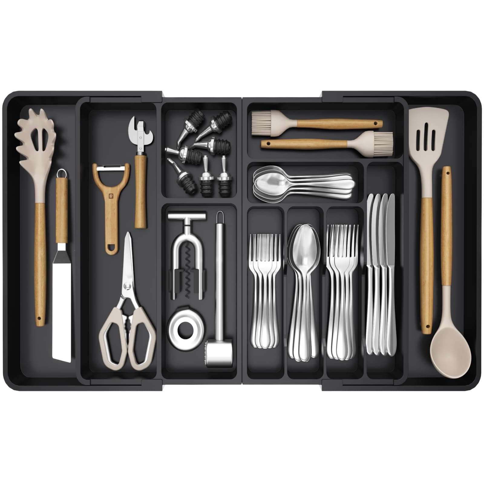 Utensil Organizer for Kitchen Drawer, Expandable Cooking Silverware Tray, Adjustable Cutlery Flatware Holder, Plastic Spatula Tools Storage Divider, 21.3- 36 x 16.9", Black