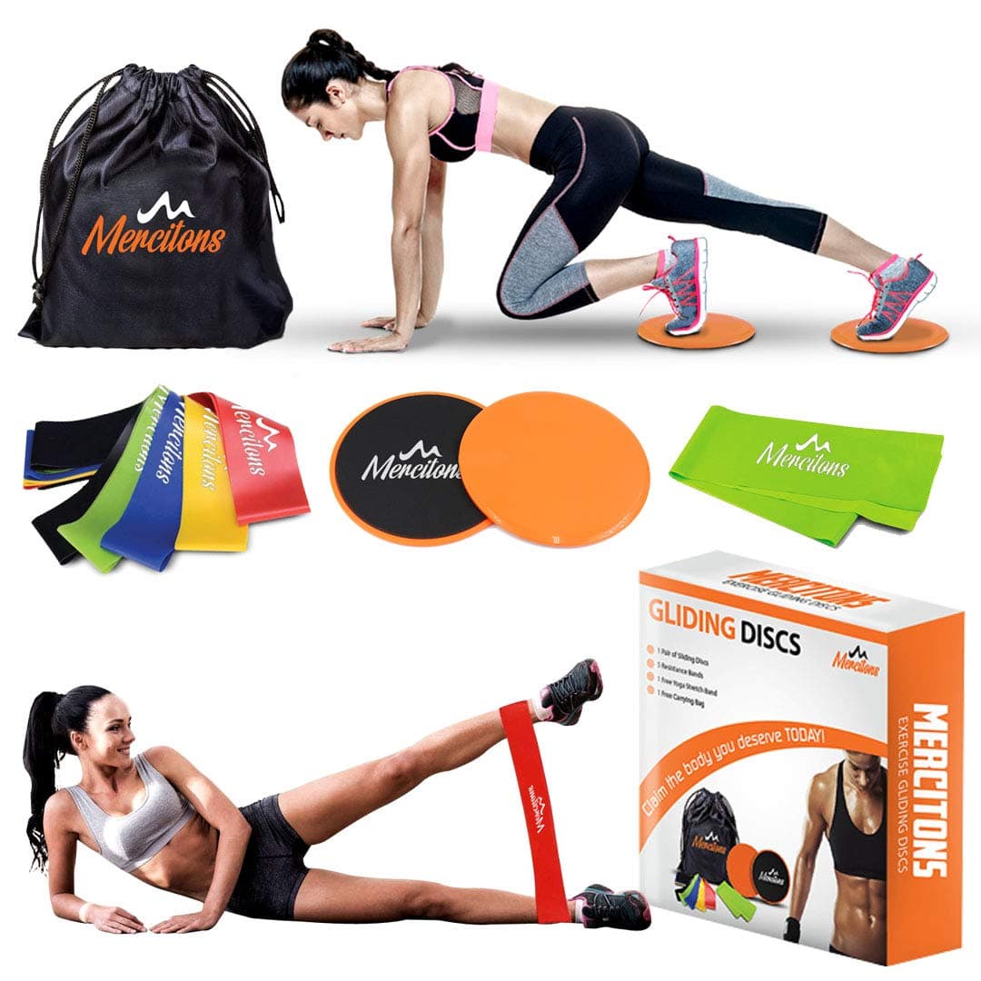 Dual Sided Gliding Discs Core Sliders Exercise with 6 Resistance Bands for Women - Home Full Body Workout - use it on Carpet & Hardwood Floors - Abdominal Exercises for Optimal Fitness and Health
