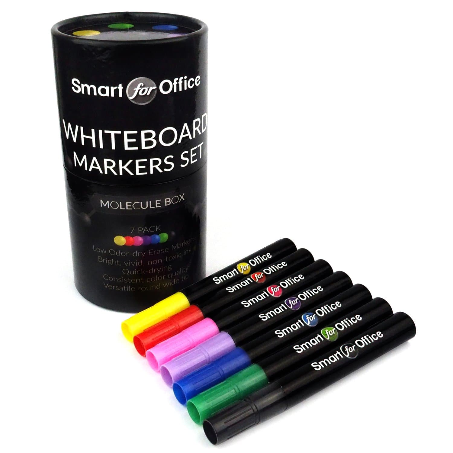Whiteboard Marker Set by Smart for Office, Handmade 7 Pack, Unique Storing Box, Exclusive Design, Low-Odor, Long Life, Dry Erase, Round Wide Tip, Wanted Fresh Vivid Colors