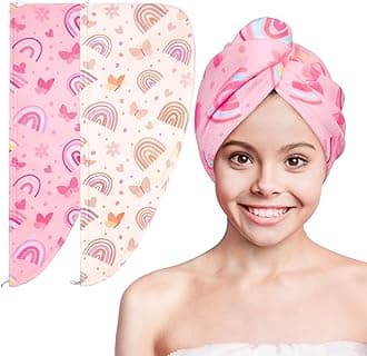 Basumee Microfiber Hair Towel Wrap for Kids 2 Pack Rapid Drying Hair Towel with Button Hair Turbans for Wet Hair Wraps Head Towel Wrap for Women and Girls