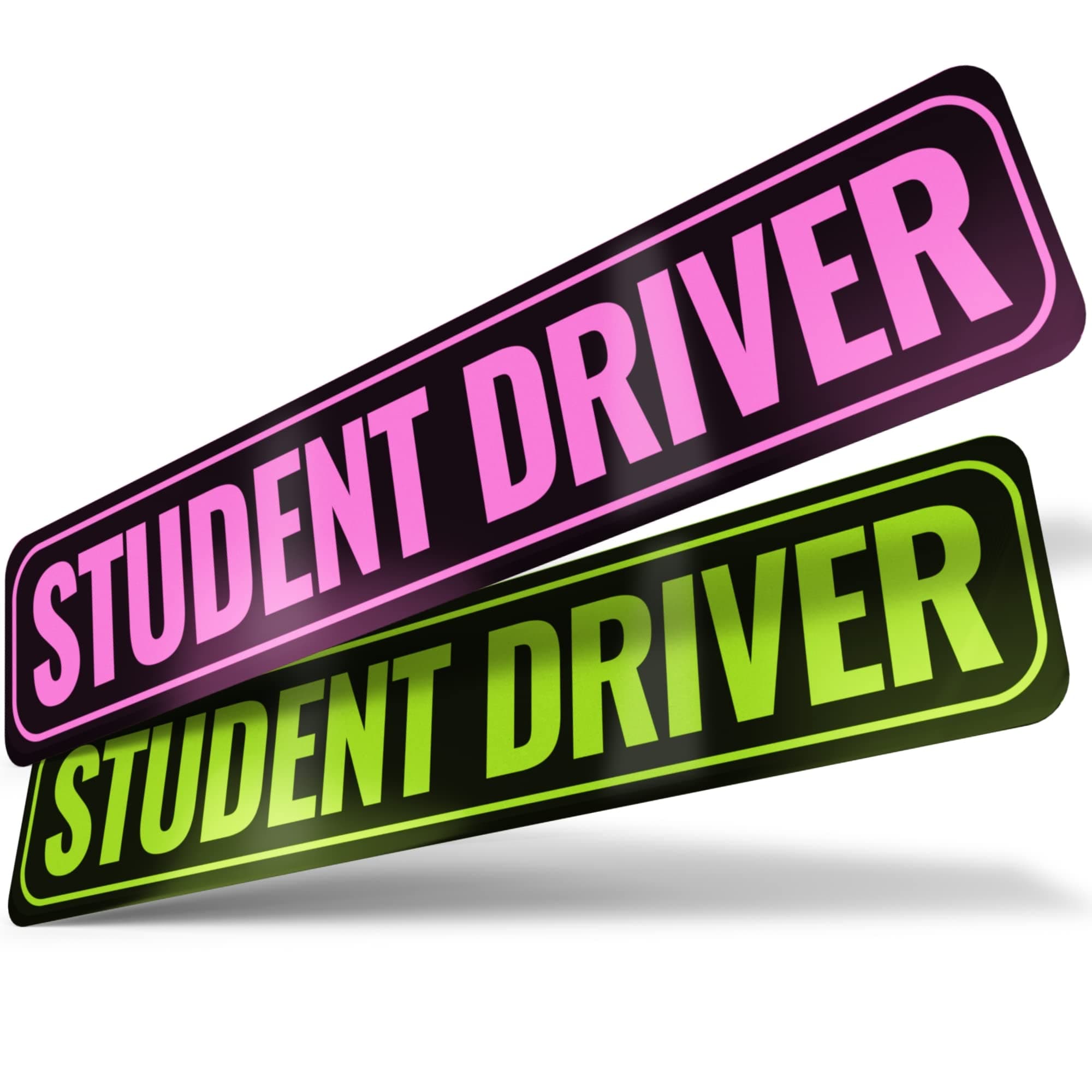 Student Driver Magnet | Removable & Reflective New Driver Sticker Decal for Car | Extra-Long Strong Adhesive Magnet w/ Bold Visible Letters (2-Pack) (Pink & Green)