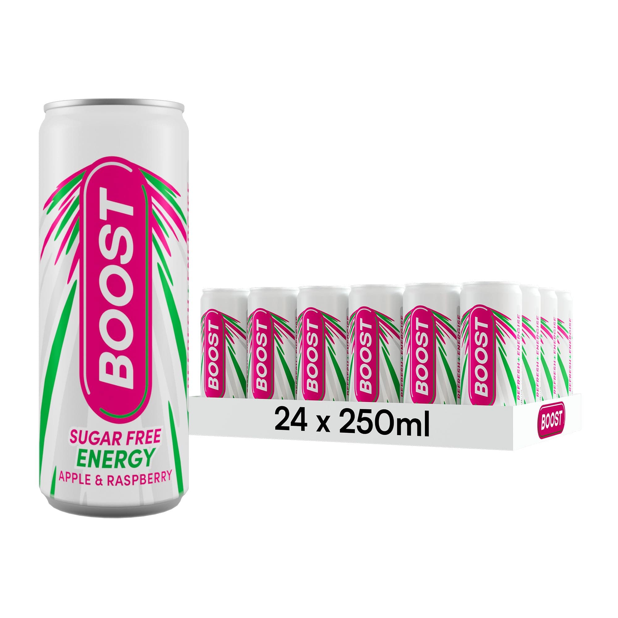 Boost Energy Drink Sugar Free Raspberry & Apple - 24 Pack Drinks with Caffeine, Taurine and Vitamin B | Carbonated Energy Drinks | Gluten Free Vegan Low Calorie Zero Sugar Fizzy Drinks | 24x250ml
