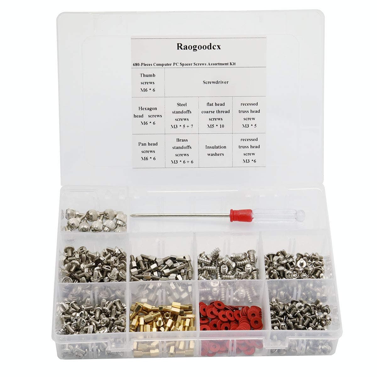Raogoodcx 680-Pieces Phillips Head Computer PC Spacer Screws Assortment Kit for Hard Drive Computer Case Motherboard fan power graphics (Extra: Phillips Screwdriver)