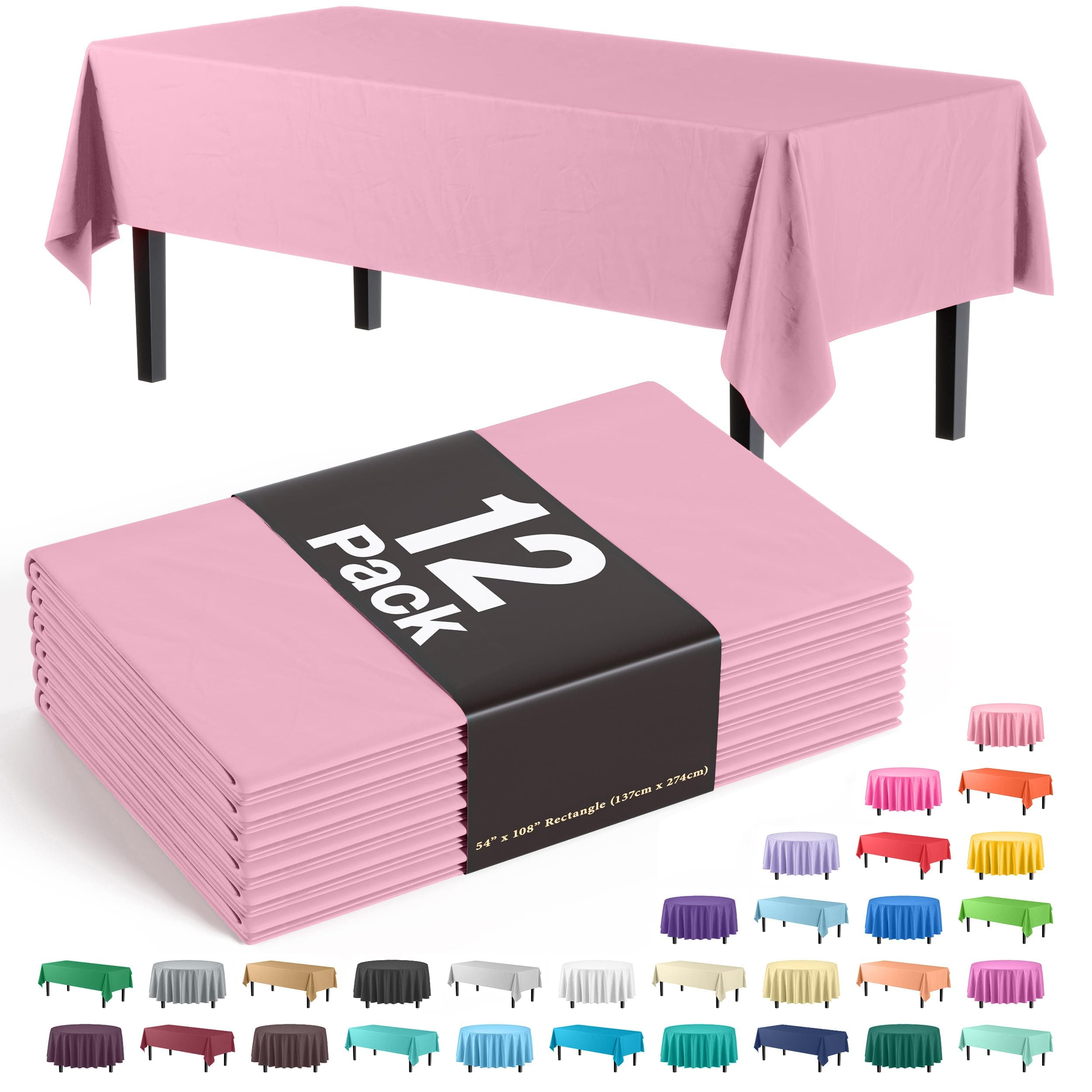 Exquisite 12-Pack Premium Plastic Tablecloth Pack of 12 Premium Plastic Tablecloth 54 Inch x 108 Inch Rectangle Table Cover - Pink