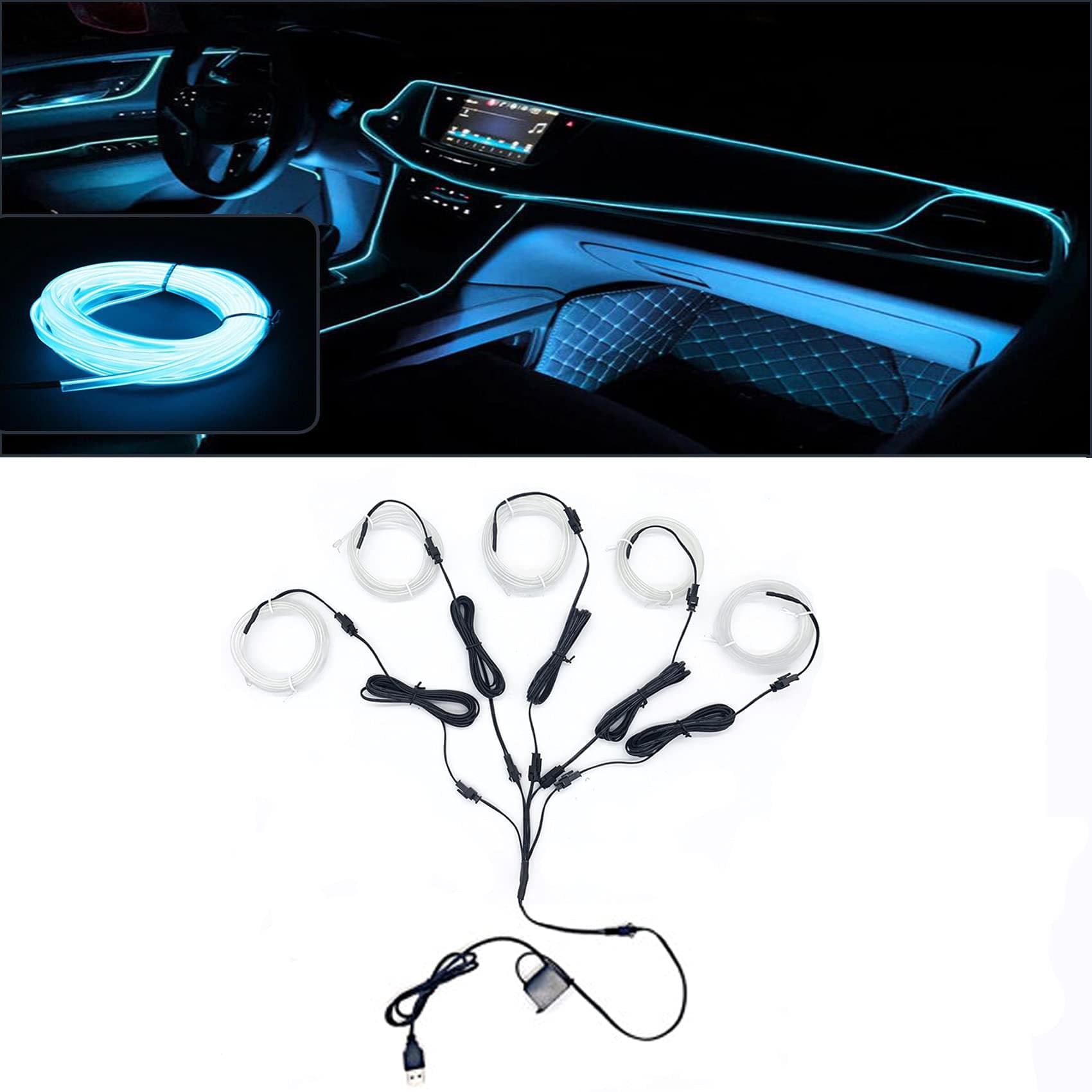 USB Neon Car Atmosphere Ice Blue El Wire, Cold Wire for Interior Wall LED Lights DIY Decorative Strip Light for Car, Including 1 PC 10 FT EL Wire and 4 PCS 3.2 FT EL Wires for Cars (Ice Blue-5 Pack)