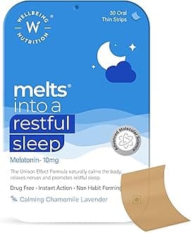 Melts Restful Sleep Aid | Plant-Based Melatonin 10mg for Better Sleep with Chamomile, Tagara, L-Theanine | Non-Addictive Sleep-Aid, Safe, Natural, 30 Oral Strips
