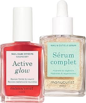 Manucurist Healthy Glow Duo - Active Glow Raspberry (Pink) Repairing Nail Polish Care & Complete Nail & Cuticle Serum - 2 in 1 Nail Strengthener Polish - Plant-Based - Nails Care Gifts for Women