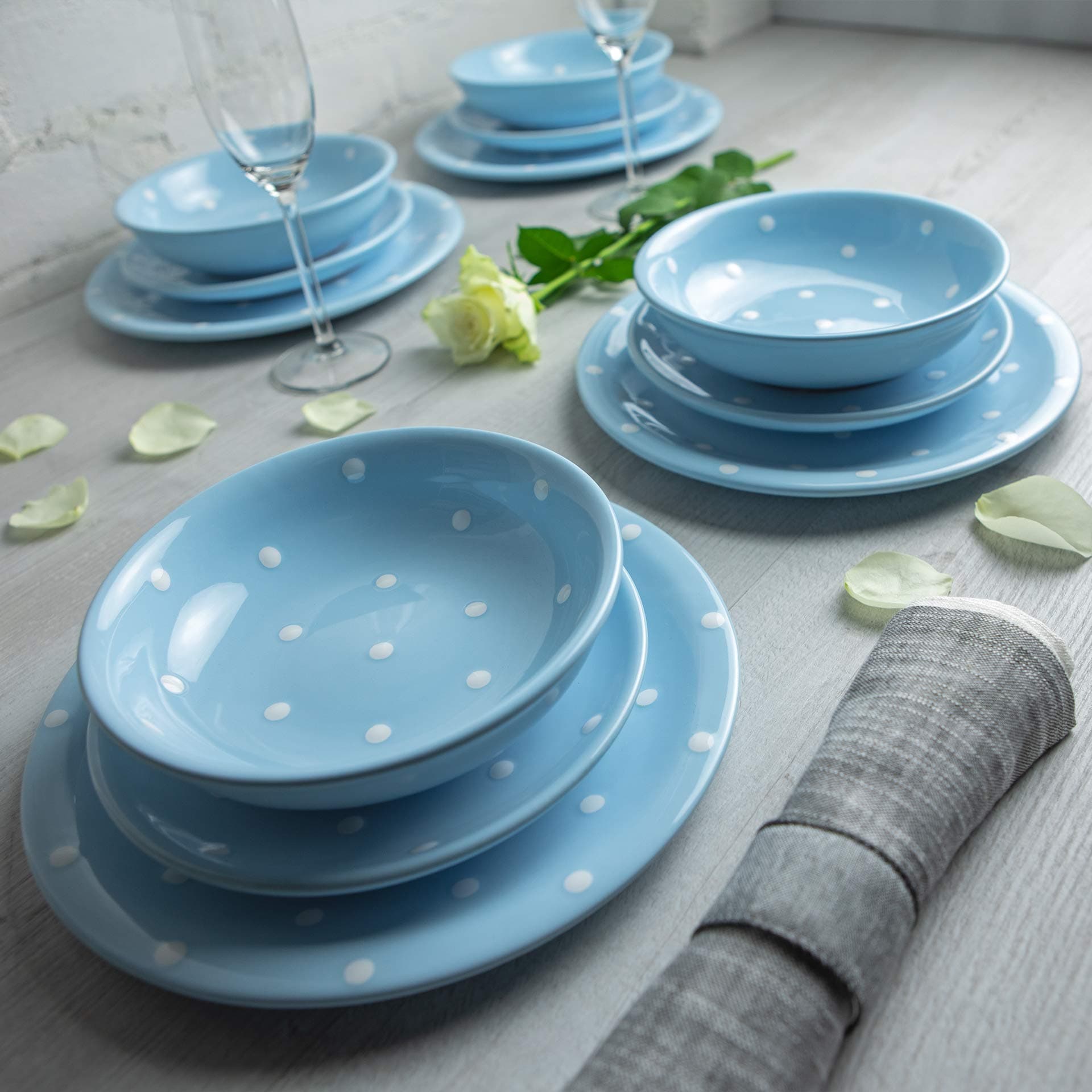 Handmade Light Sky Blue and White Polka Dot Ceramic 12 piece Dinnerware Set | Pottery Tableware Service for 4 | Dinner Plates | Side Plates | Bowls | Housewarming Gift by City to Cottage®