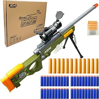 AWM Shell-Throwing Blaster Shot Gun, 40 Official Darts, 4-Dart Clip, 2 Magazines, Removable Stock, Barrel Extension, Blaster Toys Playset for Boys, Kids, and Adults (Green)