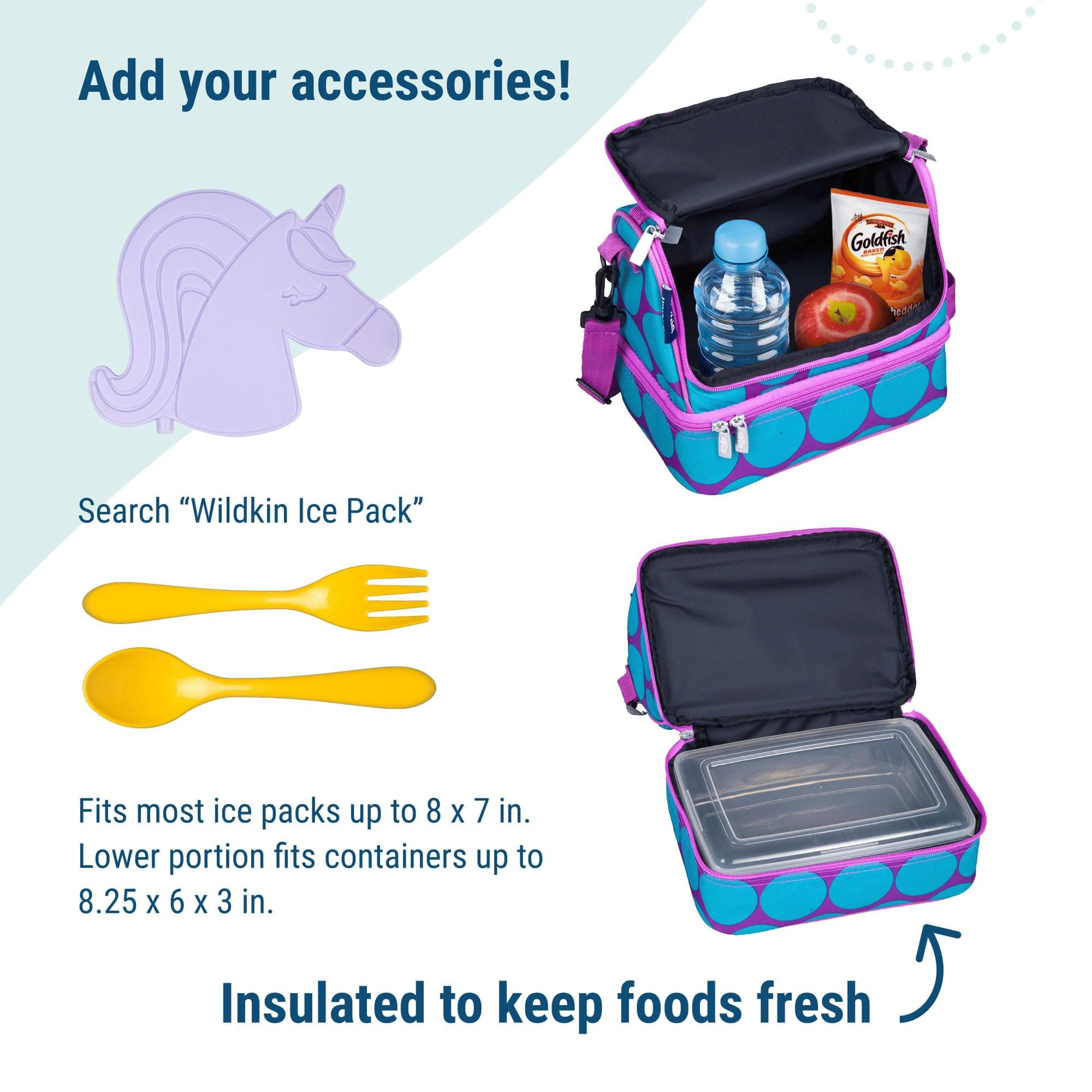 Wildkin Children's Dual Compartment Lunch Bag Aqua Dots, Polyester, Blue, 23 x 16 x 21 cm