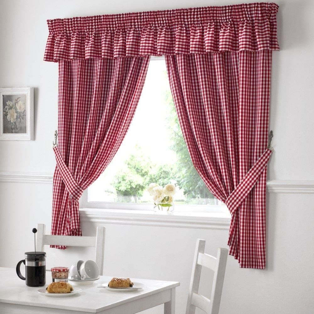 Gingham Check Kitchen Tape Top Curtains - Red (46" Wide x 42" Drop)