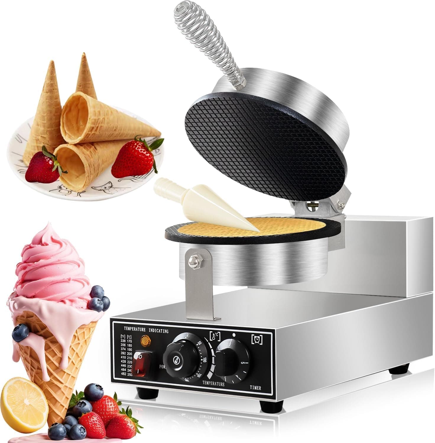 MAZORIA Waffle Cone Maker with Ice Cream Cone Mould – Commercial Use Waffle Cone Machine for Making Fresh Ice Cream Waffles