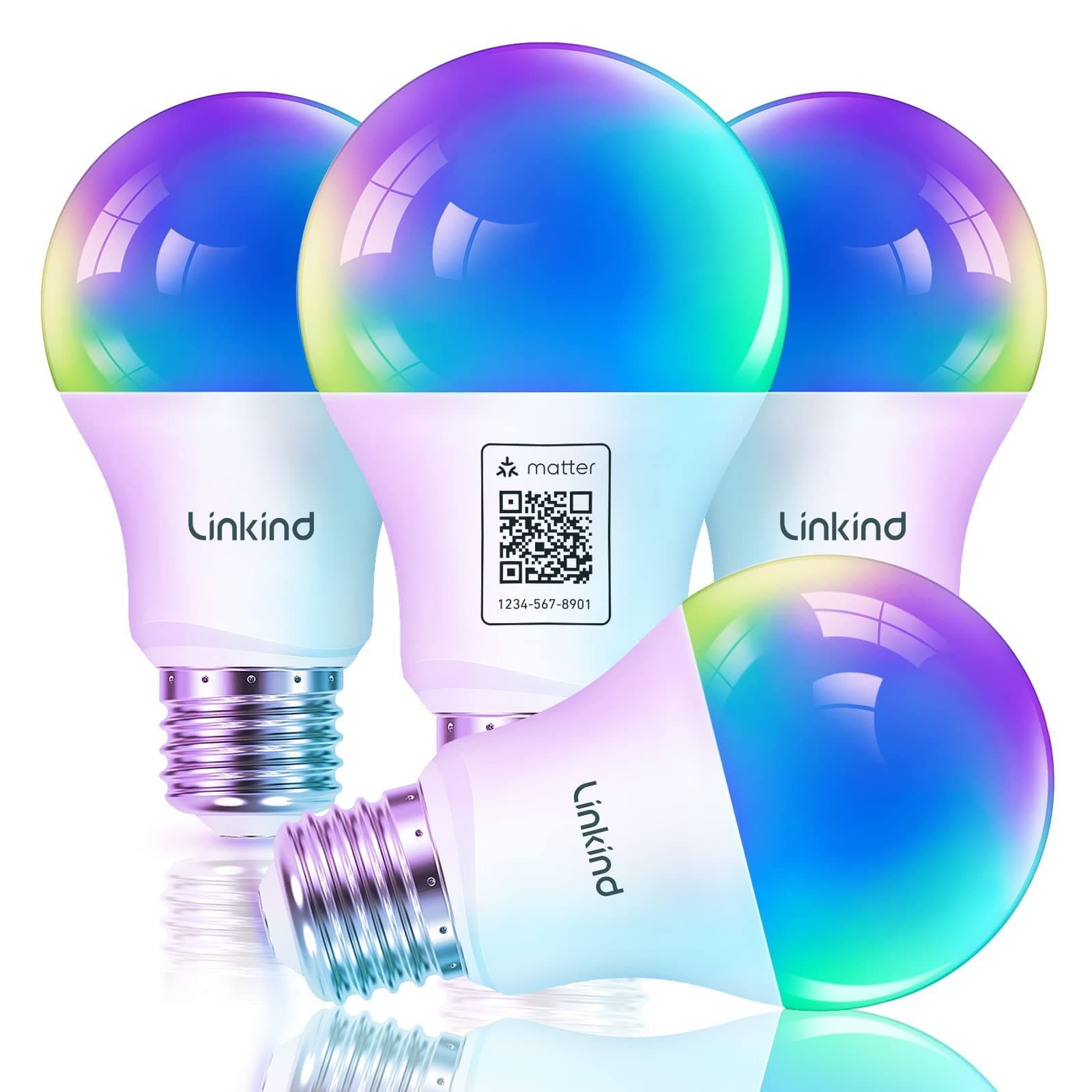 Linkind Matter Smart Light Bulb, Smart Bulbs Work with Apple Home, Siri, Alexa, Google, SmartThings, LED RGBTW Color Changing Bulbs Music Sync,A19 E26 60W 800LM, 2.4GHz WiFi Only, 4 Pack
