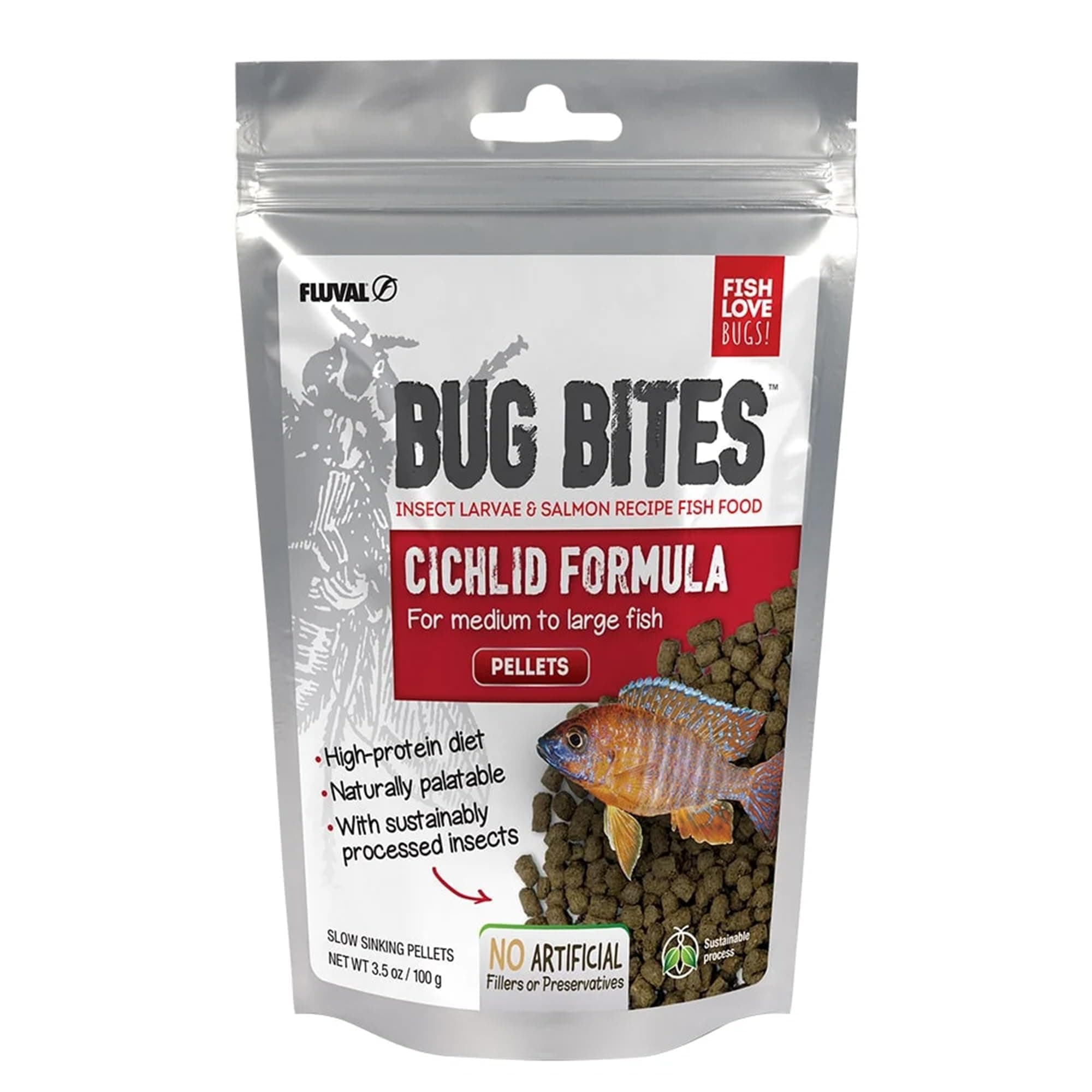 Fluval Bug Bites Cichlid Fish Food, Pellets for Medium to Large Sized Fish, 3.53 oz., A6581
