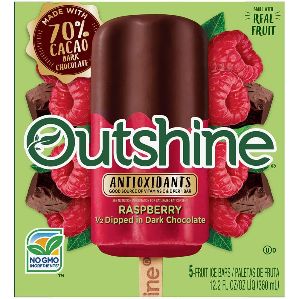 Outshine, Raspberry 1/2 Dipped in Dark Chocolate Fruit Bars, 5 Count (Frozen)