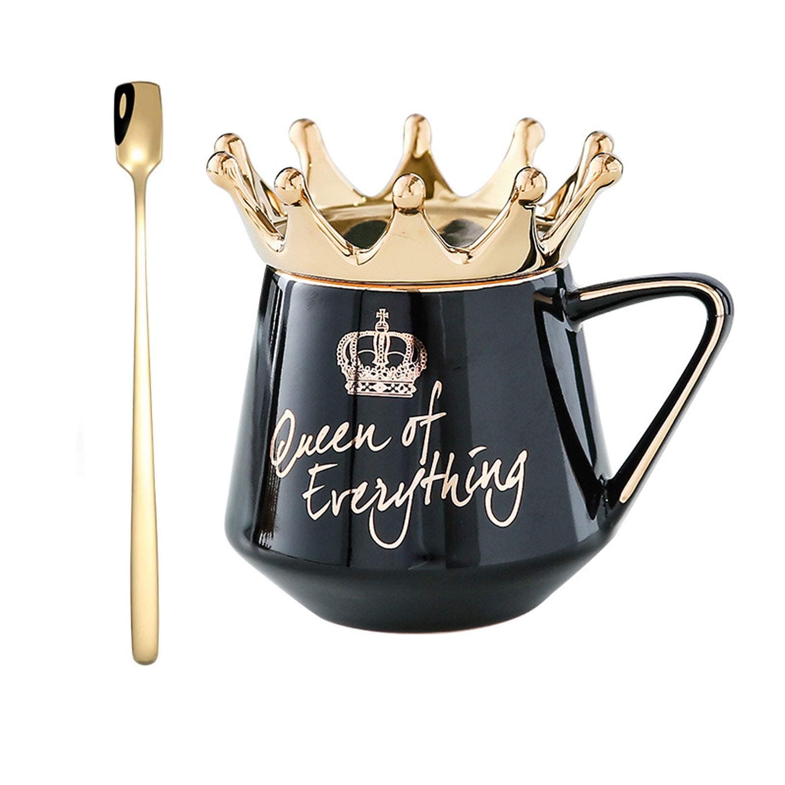 AB Emblems Ba&Ba Queen of Everything 12 oz Coffee Mug Ceramic with Crown Cup Lid Golden Spoon Coffee or Tea Cups for Birthdays Christmas Women Valentine's Wedding Mugs Funny Gift (Black)