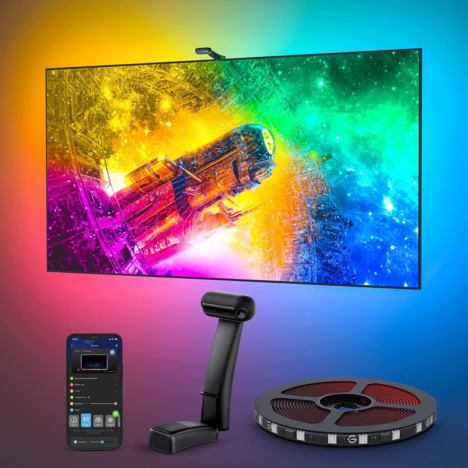 Envisual TV LED Backlight T2 with Dual Cameras, 16.4ft RGBIC Wi-Fi LED Backlights for 75-85 inch TVs, Double Light Beads, Adapts to Ultra-Thin TVs, Smart App Control, Music Sync, H605C