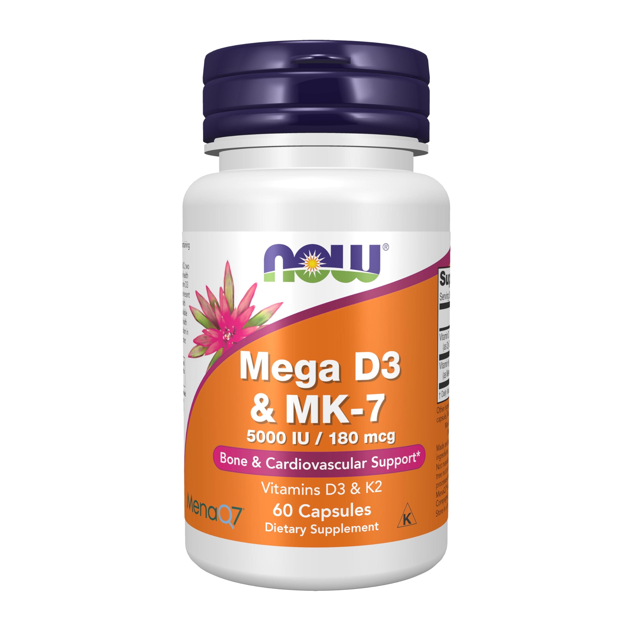 Supplements, Mega D-3 & MK-7 with Vitamins D-3 & K-2, 5,000 IU/180 mcg, Bone & Cardiovascular Support*, 60 Veg Capsules