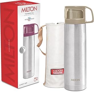 Milton Glassy 1000 Thermosteel Vacuum Insulated Double Walled Flask with Drinking Cup lid & Jacket, 1000 ml Water Bottles,24 Hours Hot & Cold,Easy to Carry,Rust Proof, Tea, Coffee,Travel Bottle,Grey