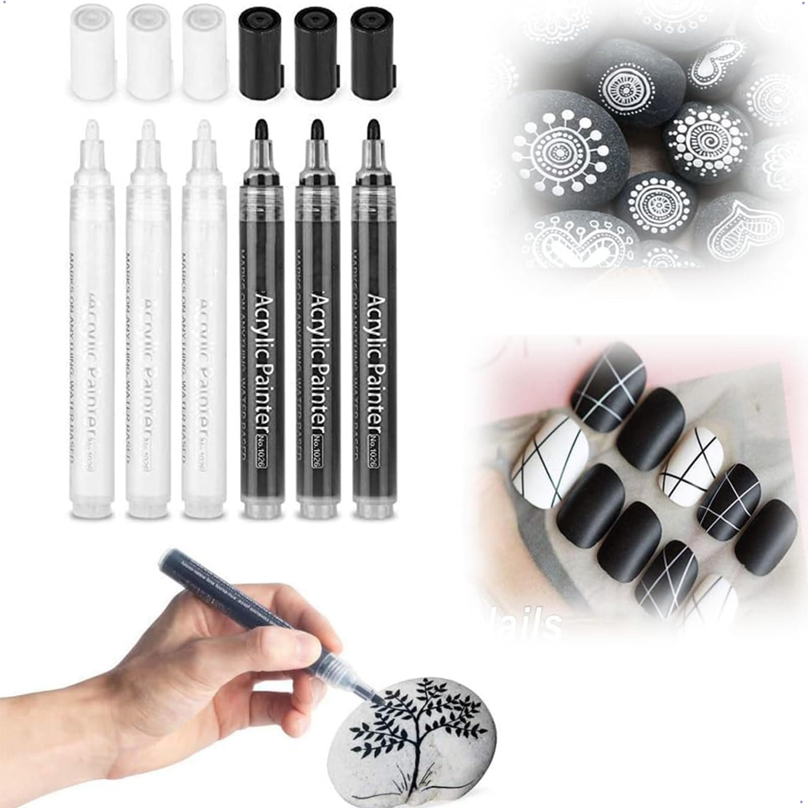 X spring Black White Paint Pens, 6 Pack Acrylic Black White Permanent Markers, Acrylic Paint Pens for Rock Painting, Wood, Metal, Stone, Ceramic, Glass, Graffiti, Paper, Drawing