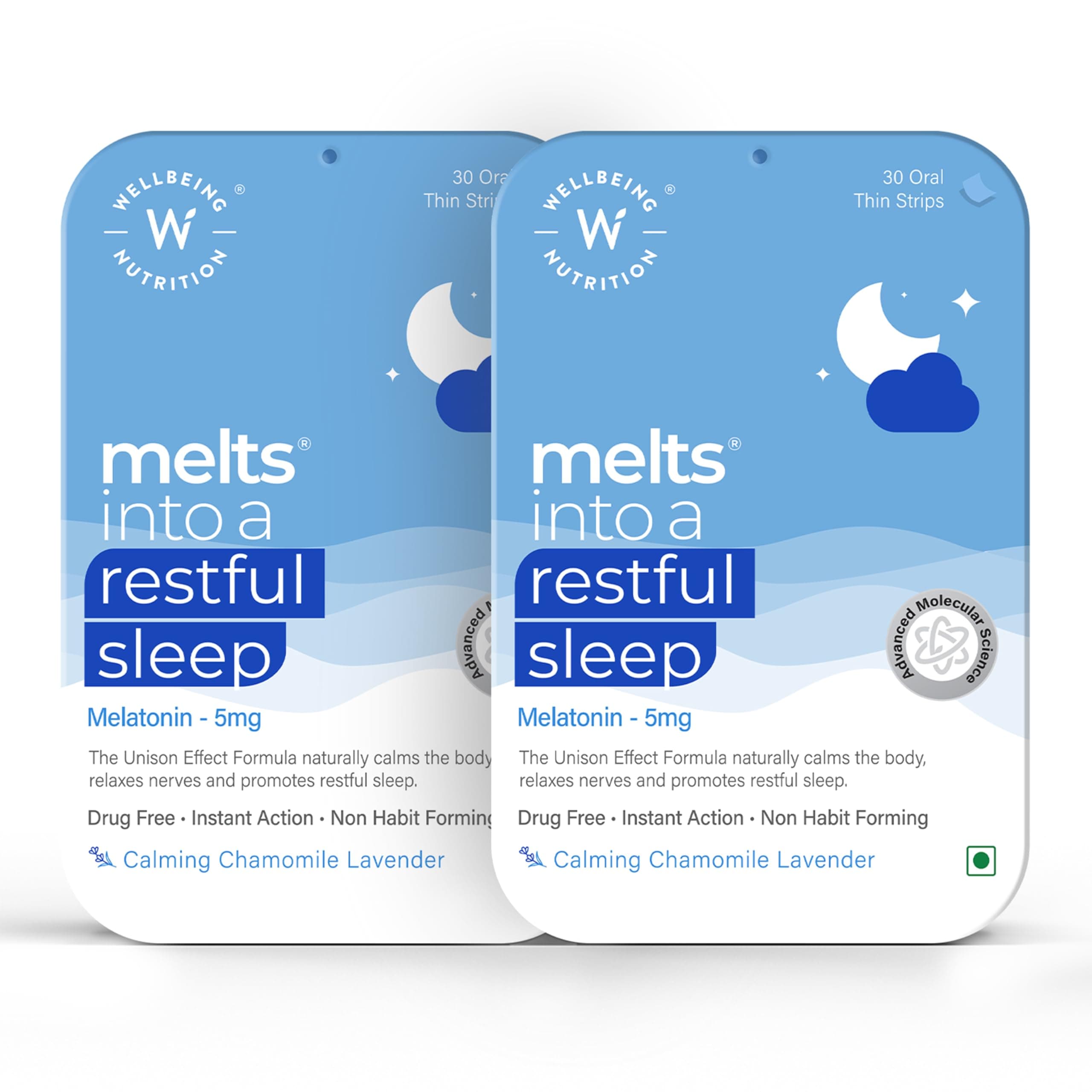 - Wellbeing Nutrition Melts Restful Sleep Strips | Plant-Based Melatonin 10mg for Better Sleep & Stress Relief with Chamomile, Tagara, L-Theanine | Helps You Fall Asleep Fast | 60 Oral Thin Strips