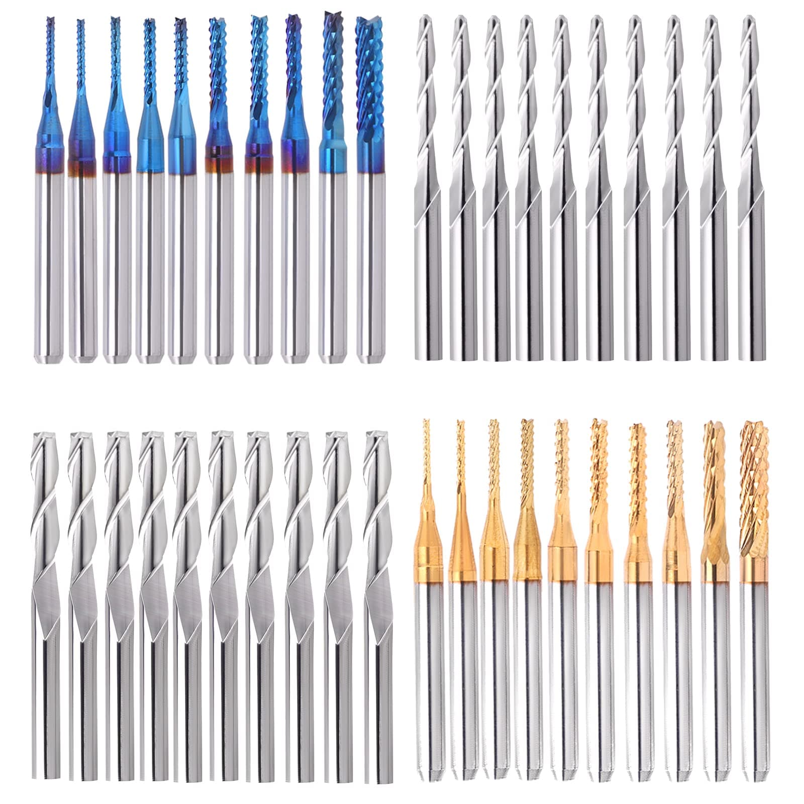 40Pcs End Mills CNC Router Bits Set 1/8" Shank, Mcwdoit CNC Machine Cutting Milling Tool Engraving Cutter Including Flat Nose/Ball Nose End Mill, Nano Blue Coat/Titanium Coat 2 Flute CNC Router Bits