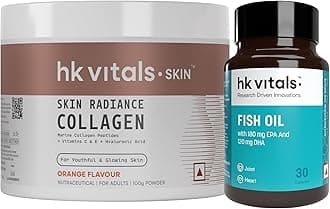 hk vitals Marine Collagen Supplements (Orange, 200g) & Fish Oil Omega 3 Capsule 1000mg (30 Fish Oil Capsules) (180mg EPA & 120mg DHA) | Combo Pack
