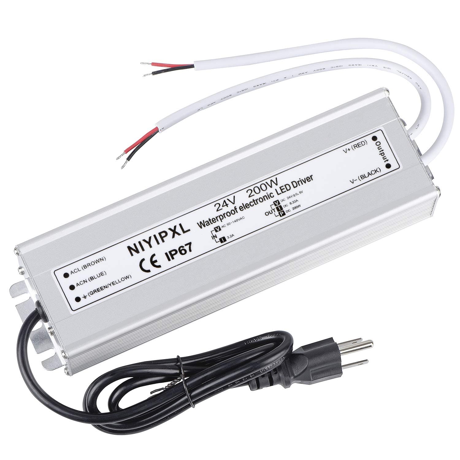 LED Driver 200 Watts 24V DC Low Voltage Transformer， Waterproof IP67 LED Power Supply, Adapter with 3-Prong Plug 3.3 Feet Cable for Any 24V DC led Lights, Computer Project, Outdoor Light