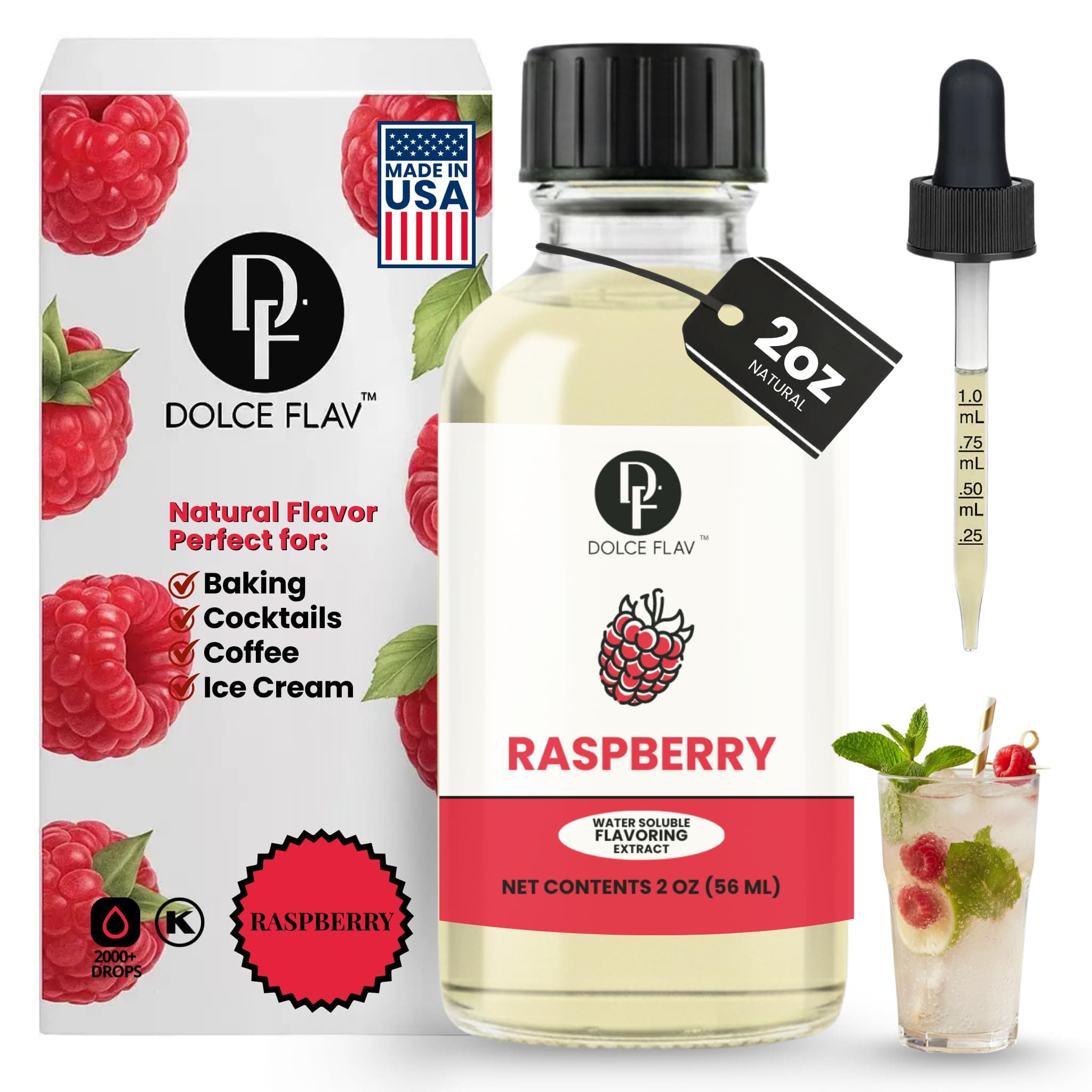 Dolce Flav Natural Raspberry Extract 2 oz – Kosher, Sugar-Free, Concentrated Tart Raspberry Flavoring for Baking, Beverages & Desserts, Includes Measured Dropper