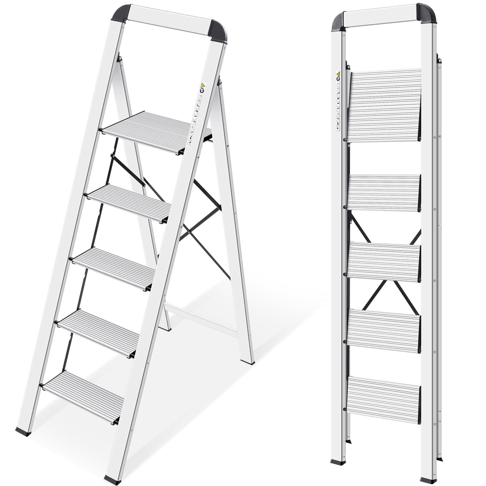 – KINGRACK Step Ladder, 5 Steps, Folding Step Ladder with Handrail, Non-Slip Household Ladder with Folding Safety, Aluminium Step Stool, Maximum Load 150 kg