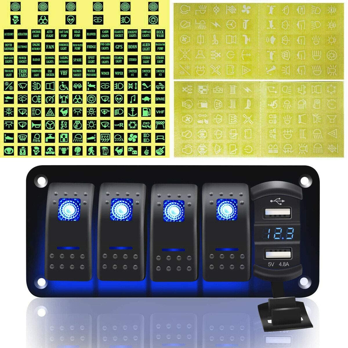 4 Gang Aluminum Rocker Switch Panel - 5 Pin ON Off Toggle Switch with Blue LED Backlit, Wiring Harness Pre-Wired Easy Installation 12V 24V for Boat Car Marine ATV UTV