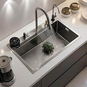 Waterfall Kitchen Sink 24"x18"x9" Waterfall Sink | 304 Grade Stainless Steel Kitchen Sinks | Honeycomb Design Nano Black Matte Finish Kitchen Sink with Integrated Waterfall & Pull-Down Faucets