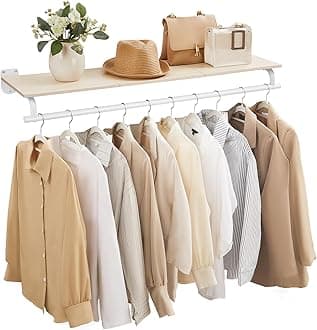 SONGMICS Clothes Rack with Top Shelf, Wall Mounted Clothing Rack, with Hanging Rod, Loads up to 132 lb, 11 x 42.9 x 5.2 Inches, Entryway, Bedroom, Closet, Natural Beige and Cloud White UHSR135W01