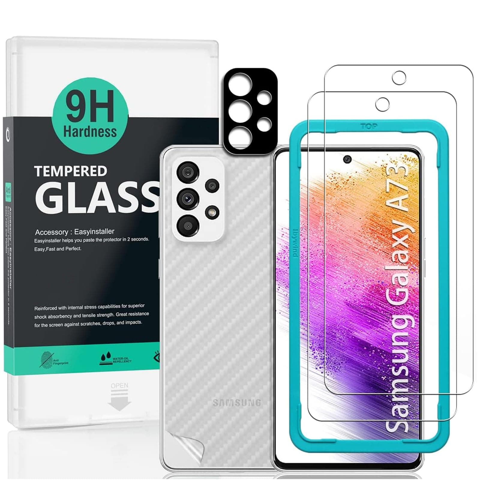 Ibywind Screen Protector For Samsung Galaxy A73 5G(6.7 Inches),with 2Pcs Tempered Glass,1Pc Camera Lens Protector,1Pc Backing Carbon Fiber Film[Fingerprint Reader,Easy to install]