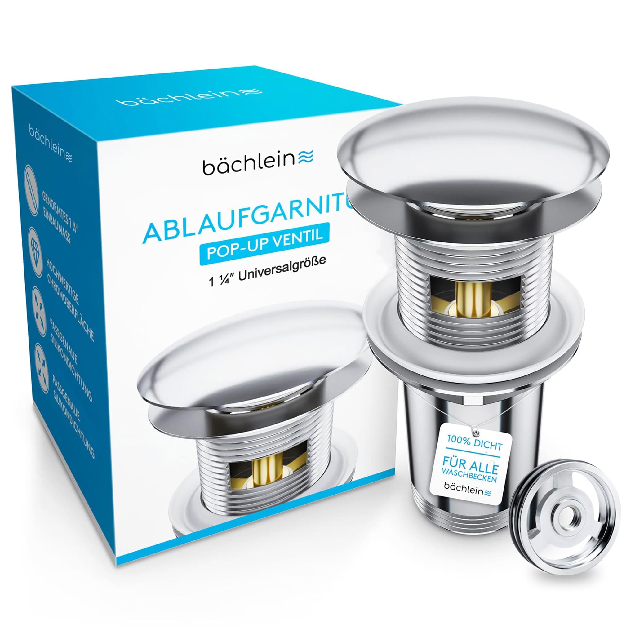 Bächlein Universal Waste Set with Overflow for washbasin & Vanity - Chrome pop-up Valve - incl. 3 Seals for washbasins of All Kinds, Waste Valve Waste Set - Installation with Instructions