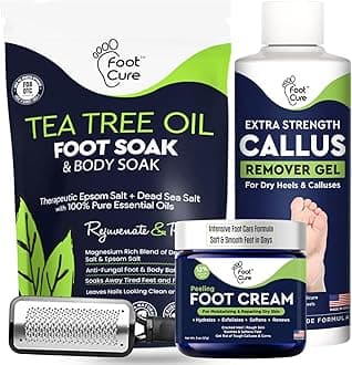Foot Cure Foot Care/ Exfoliator & Callus Remover Pedicure Set – Includes Foot File for Dead Skin, Tea Tree Oil Foot Soak Salts, Urea Cream 40 Percent & Foot Callus Removal Gel – Made in USA
