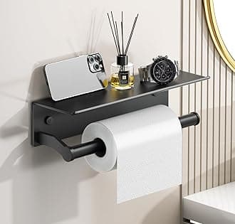 Black Paper Towel Holder Wall Mount with Shelf for Bathroom, Matte Black Adhesive Hand Towel Holder for Bathroom Kitchen RV
