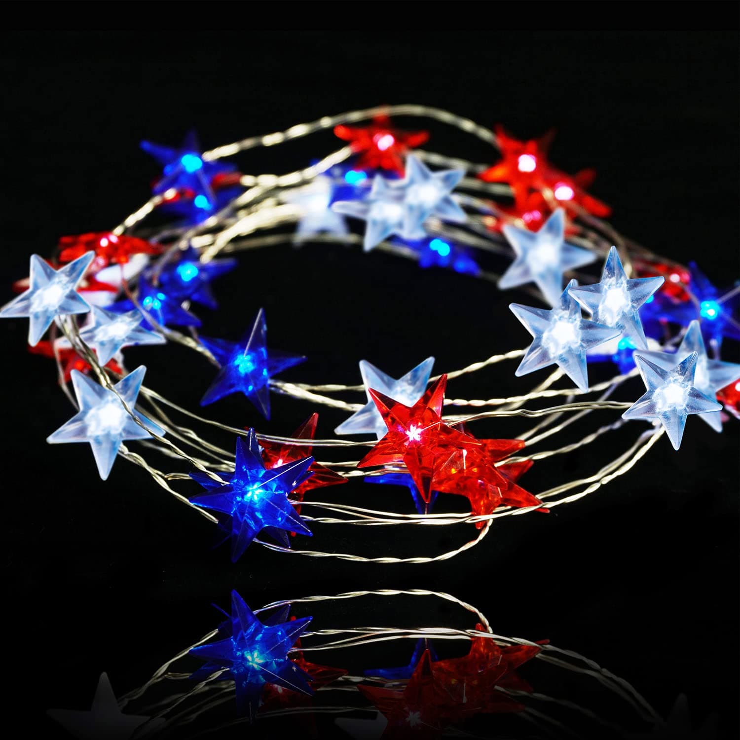 BOHONIndependence Day Decor LED String Lights Battery Operated with Remote 10 ft 40 LEDs USA American Stars Flag Lighting String Lights for Bedroom Patriotic Decoration Memorial Day Presidents Day
