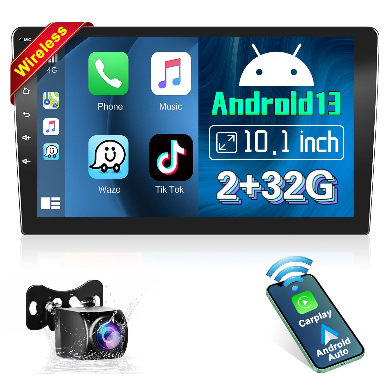 Podofo [2G+32G] Double Din Android Car Stereo with Wireless Carplay Android Auto,10.1" Touchscreen Bluetooth Car Radio with 28 UI,HiFi,GPS,WiFi, SWC, Split Screen,RDS/FM Radio+Backup Camera