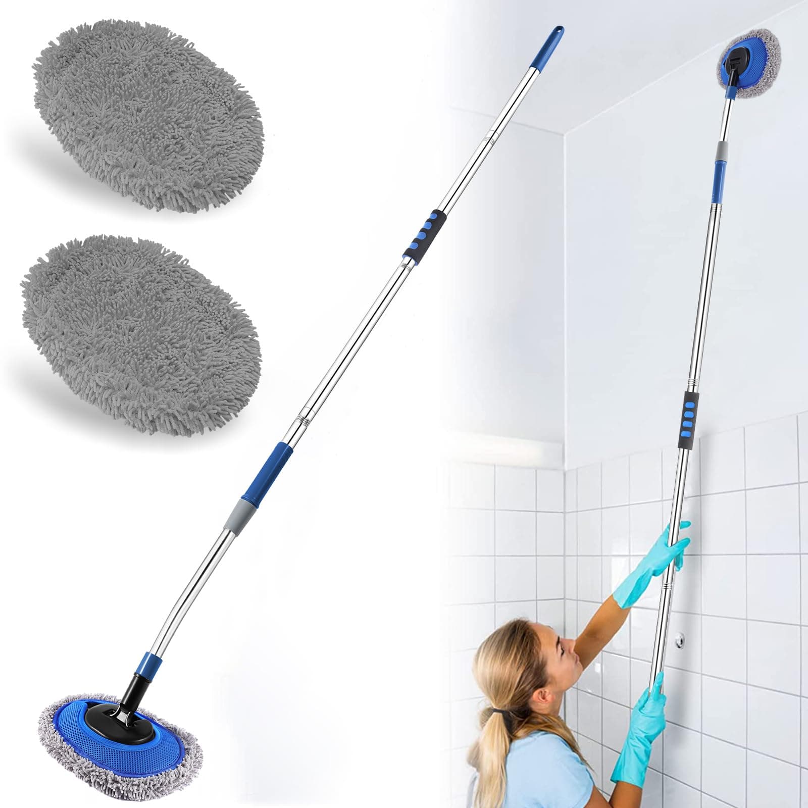 Wall Cleaner, Max 66'' Wall Mop with Long Handle, Ceiling Dust Mop with 15° Labor-Saving Elbow Extension Pole, Baseboard Duster Washer Scrubber, High Reach Window Cleaning Brush, Roof Cleaning Tool-GY