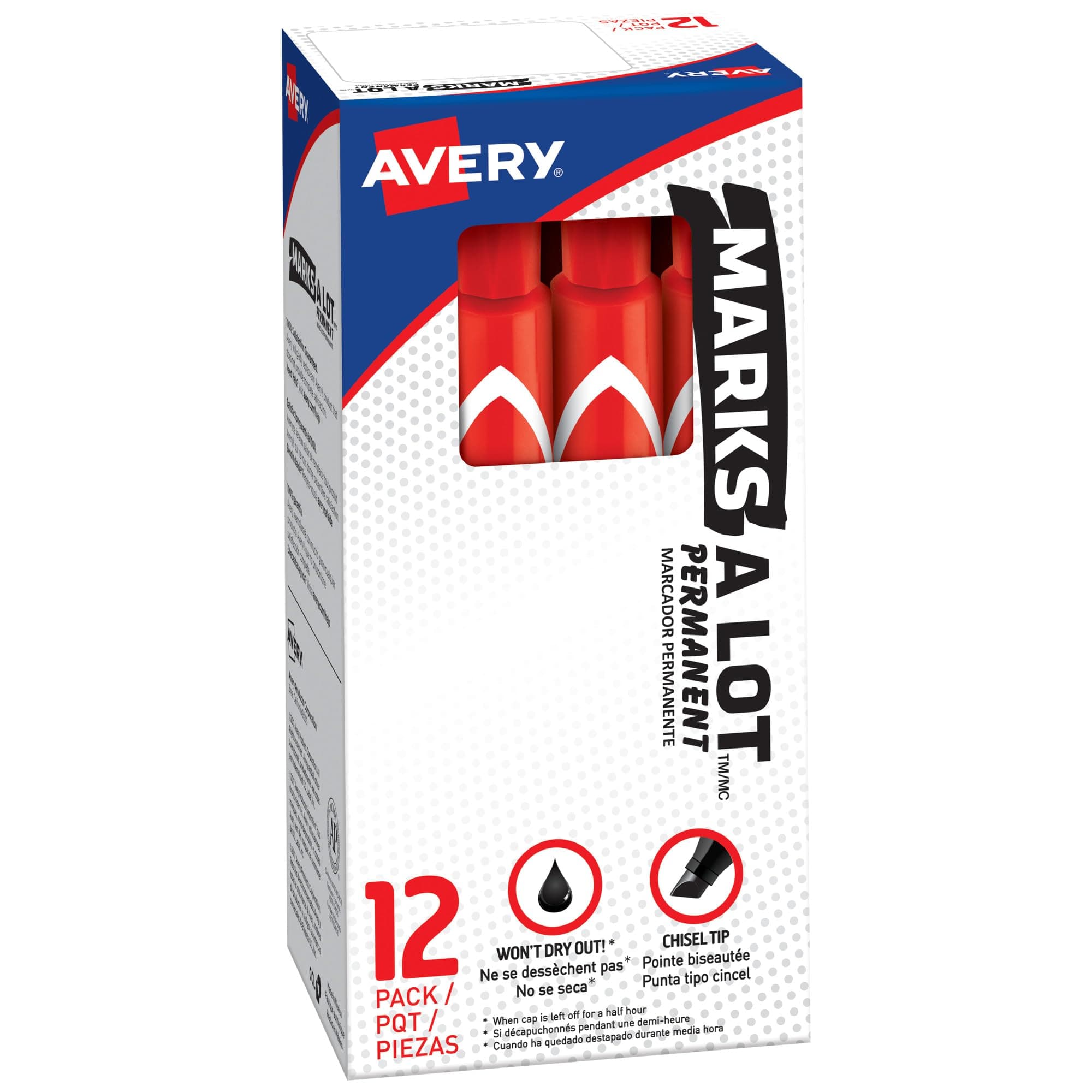 Avery Marks A Lot Permanent Markers, Large Desk-Style Size, Chisel Tip, Water and Wear Resistant, 12 Red Markers (08887)