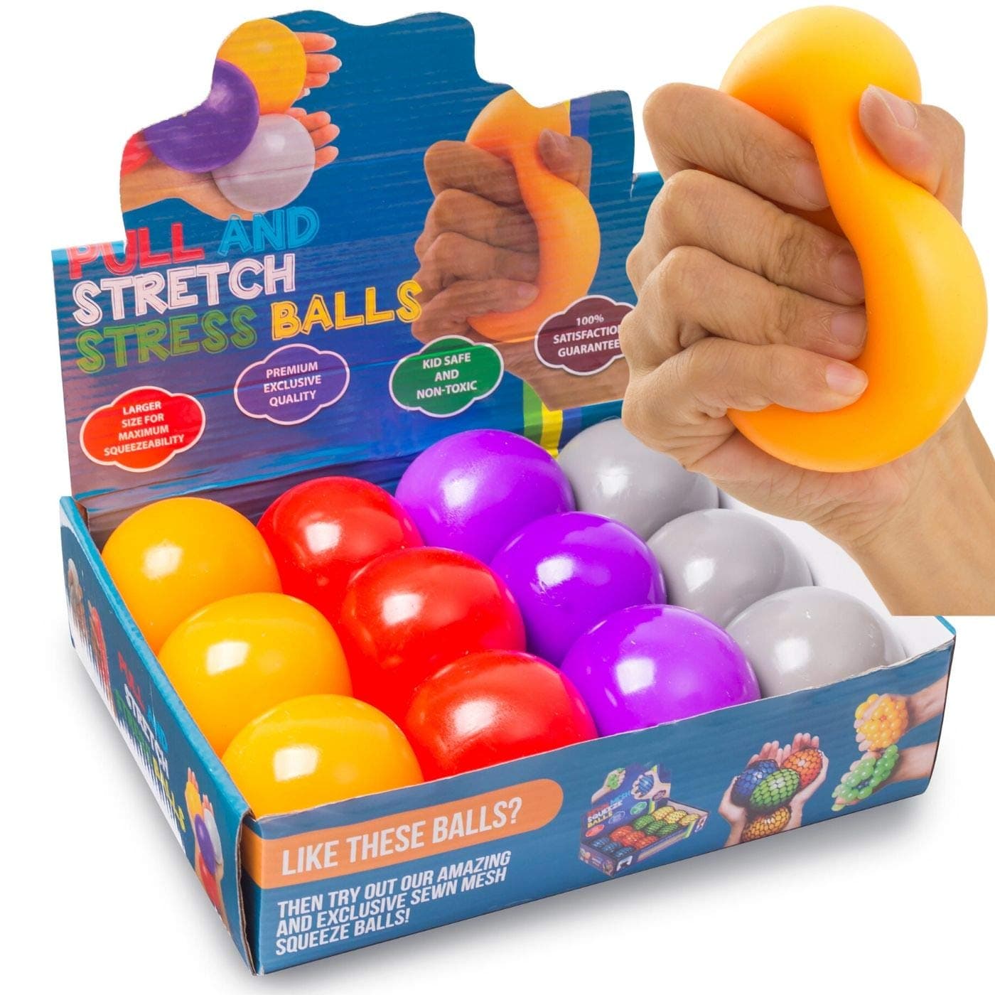 KELZ KIDZ® Durable Pull and Stretch Stress Squeeze Ball - Great and Fun Squishy Party Favor Fidget Toy - Excellent Sensory Relief for Tension and Anxiety (12 Pack, Large)